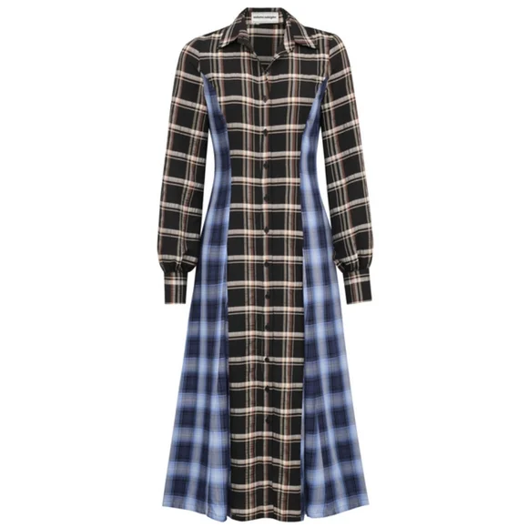 Autumn Adeigbo Carson dress black blue brown white plaid women's size 10 - Picture 2 of 9